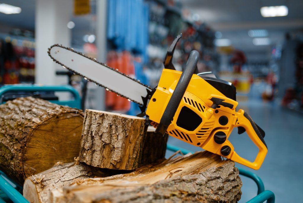 Chainsaw in power tool store closeup, nobody